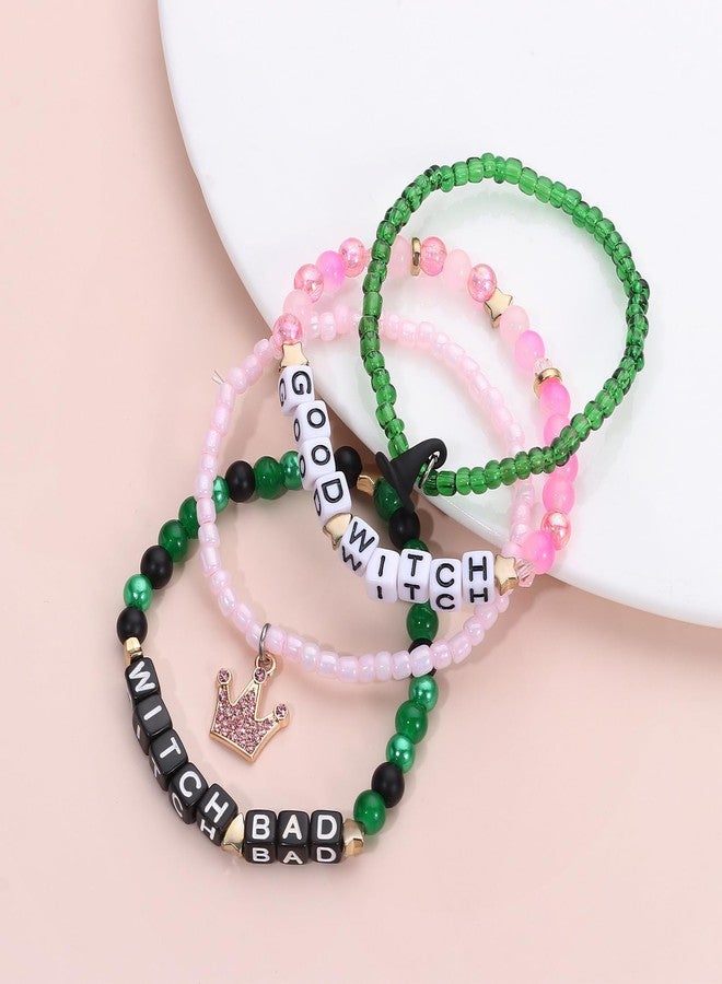 RANERVZ 4pcs Pink Green Good Bad Witch Stackable Beaded Bracelets Inspired Matching Friendship Bracelets for Fans Elphaba Glinda Witch BFF Bracelets Gift for Women Cosplay Costume Jewelry Accessories - Image 3